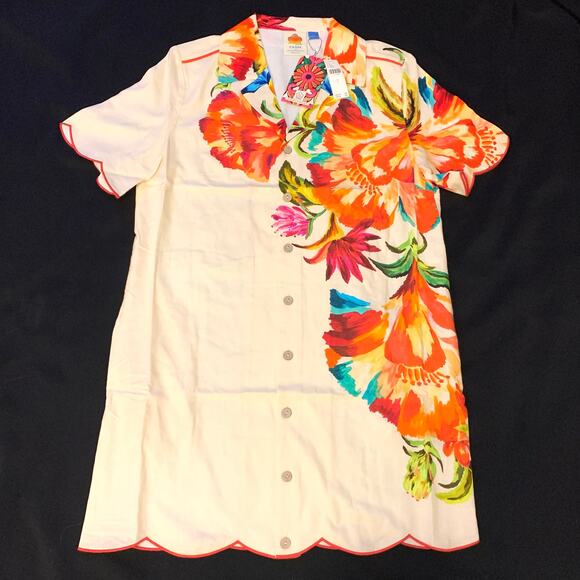 Lg- Farm Rio Anthropologie Womens Shirt Dress Lg Linen Blend Floral Button Front - Picture 2 of 15